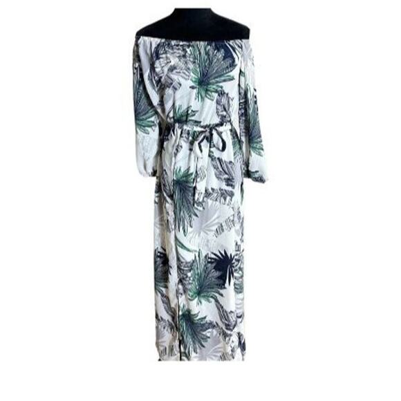 Boho Tropical Palm Print Off Shoulder Maxi Dress 3/4 Sleeve Tie Elastic Waist M - Picture 2 of 12